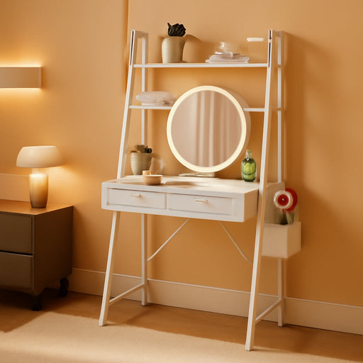 Freestanding Ladder Desks with Power Outlets, Small Home Office Study Reading Desks with 2 Fabric Drawers and Side Bag, Computer Gaming Desk Modern Vanity Dressing Makeup Desk (Elegant White, Ladder)