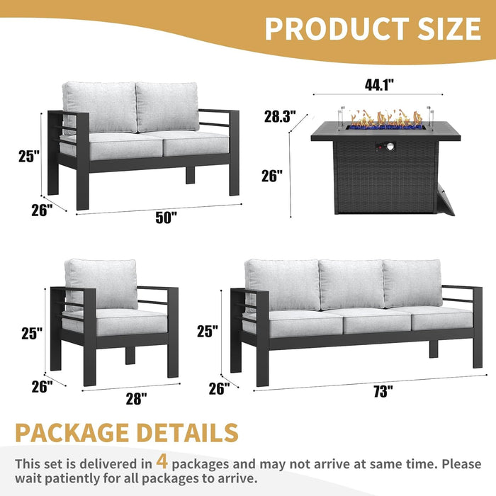 Aluminum Furniture Set with Fire Pit Table, 5 Pieces Patio Sectional Conversation Chat Sofa Modern Seating Set