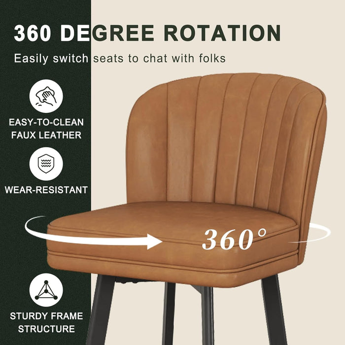 Swivel Counter Height Bar Stools Set of 2, 26'' Modern Barstools with Backs and Metal Legs, Upholstered Bar Chairs, Faux Leather Whiskey Brown Stools for Kitchen Island Chairs