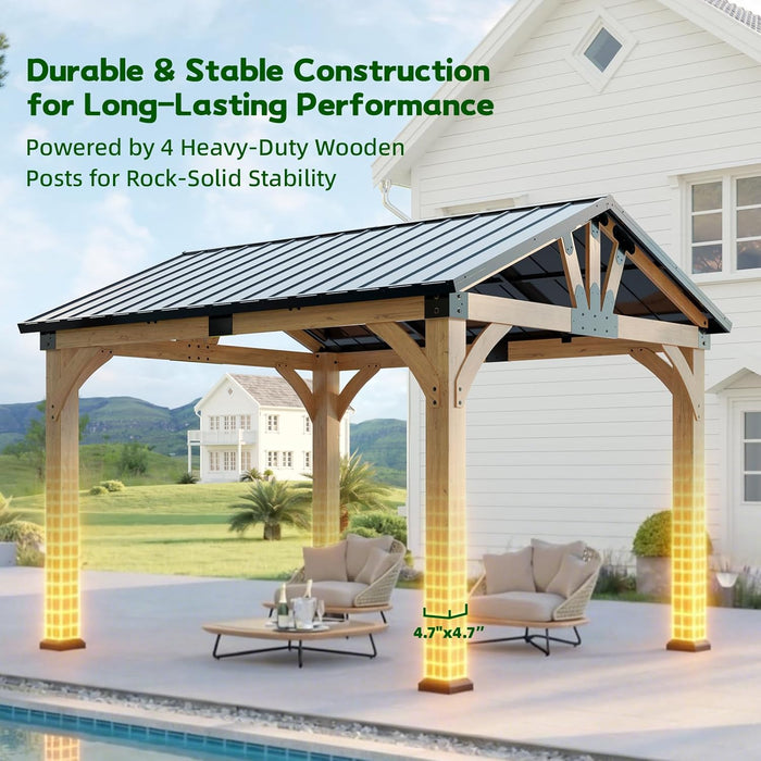 10X12 Ft Cedar Wood Gazebo, Hardtop Gazebo with Galvanized Steel Peak Roof, Outdoor Pavilion for Garden, Backyard, Patio, Deck