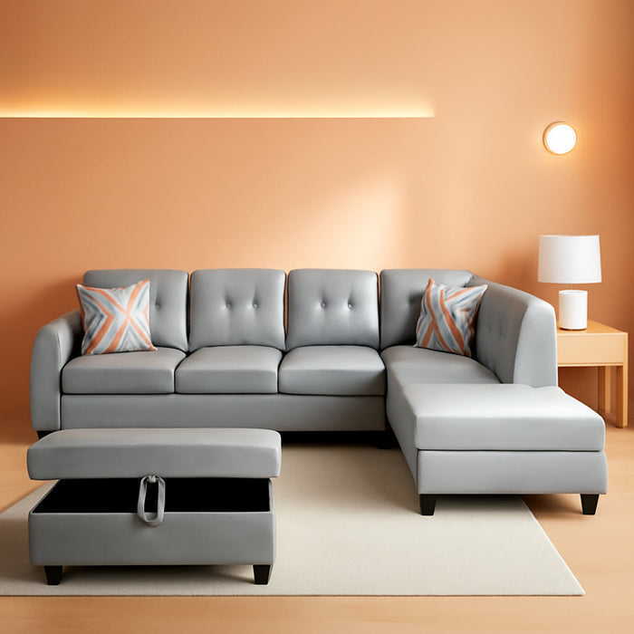 L-Shaped 3-Piece Semi PU Synthetic Leather Sofa with Storage Ottoman Set, Sectional Couch Sofa Set for Living Room, Office, Small Space, Silver White