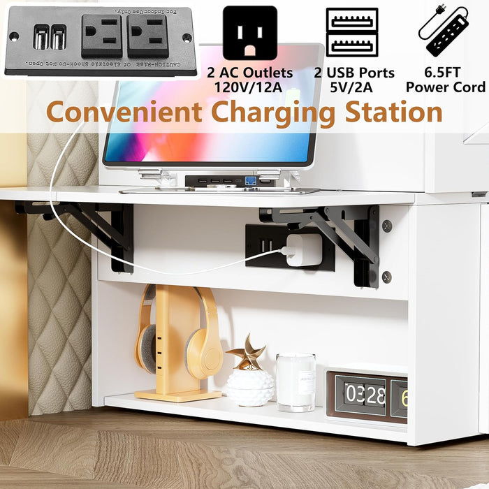 Queen Murphy Bed - Murphy Cabinet Bed with Storage & Charging Station, Farmhouse Bed Frame with Foldable Panel and Hidden Space, for Living Room, Guest Bedroom