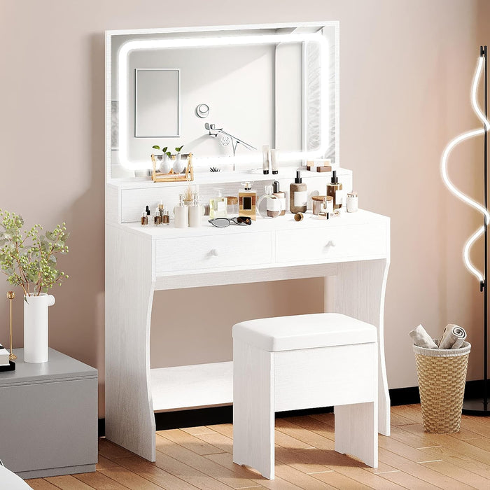 Vanity Desk with LED Lighted Mirror & Power Outlet, Makeup Vanities Table with 4 Drawers,Storage Bench,Dressing Table for Bedroom White