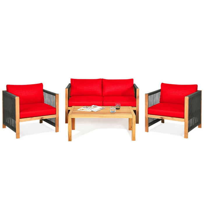 4 Pieces Acacia Wood Sofa Set with Cushions for Outdoor Patio