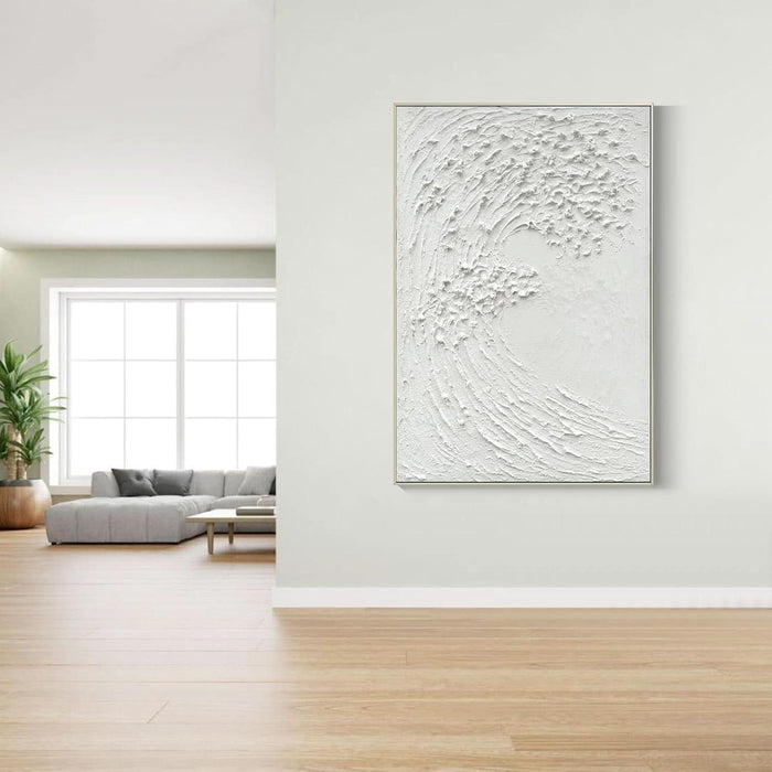 White Textured Wall Art - Hand Painted Ocean Waves Oil Painting Framed Large Minimalist Canvas Artwork for Living Room 45X30 Vertical Wall Decor