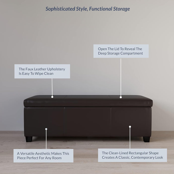 Storage Faux Leather Ottoman, 47 Inch Bench Bedroom Bench with Safety Close Hinge, Extra Long Ottoman with Storage for Living Room, Entryway, Hallway, Foot Rest, Support 300Lbs - Brown