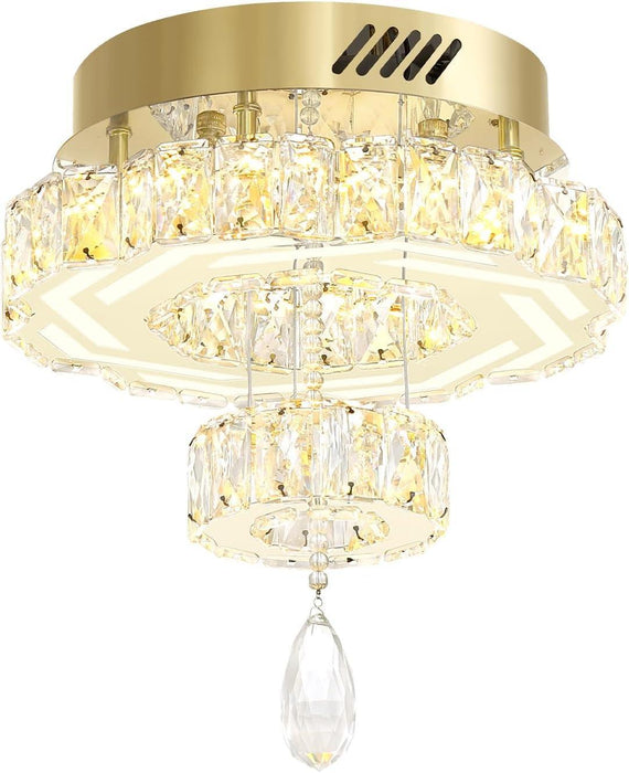 Small Crystal Chandeliers Dia 12" Gold Chandelier Flush Mount Ceiling Light for Bedroom Living Room Dining Room Hallway Dimmable 3 Rings LED Celing Lighting Fixtures