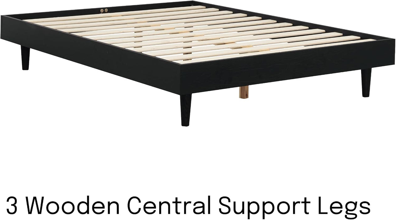 Fly Wooden Bed Frame without Headboard, Solid Wood Foundation with Silent Slats and Wood Central Supports, 1000 Lb Capacity, Effortless Assembly, Full - Burnt Black