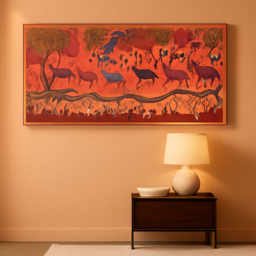 Stampede in the Village | Bhil Art by Bhuri Bai | Exquisite Indian Tribal Artwork | Traditional Folk Painting on Canvas | Vibrant Energy & Cultural Balance | Captivating Wall Décor | Meaningful & Unique Gift
