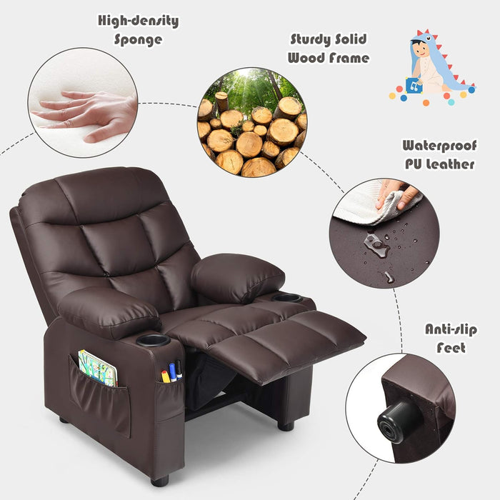 Kids Recliner Chair with Cup Holder, Adjustable Leather Lounge Chair W/Footrest & Side Pockets for Children Boys Girls Room, Ergonomic Toddler Furniture Sofa, Kids Recliner (Brown)