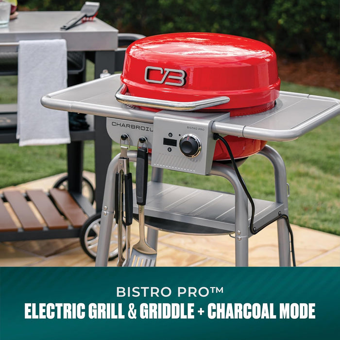 3-In-1 Dual Fuel Outdoor Bistro Pro Electric Grill & Griddle + Charcoal Mode BBQ, Red - 25302146