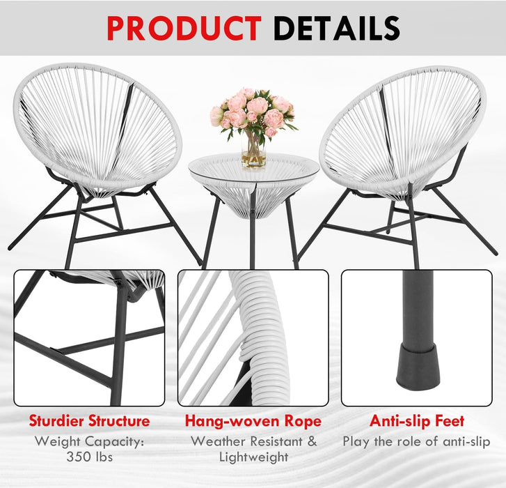 Acapulco Patio Bistro Set 3-Piece Outdoor Furniture Set All-Weather Woven Rope Patio Conversation Set with Glass Top Table and 2 Chairs (White)