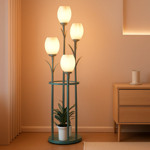 3-Light Flower Floor Lamps for Living Room, Green Floor Lamp with Shelves, Unique Tulip Standing Lamp with 3 LED Blubs, Cute Floral Tall Lamp, Modern Stand up Light Decor for Bedroom, Kids Room
