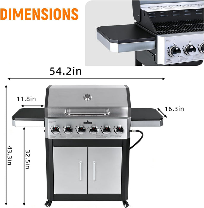 6 Burner Propane Gas Grill, 60,000 BTU Outdoor BBQ Grill with Cast Iron Cooking Grates, Stainless Steel Warming Rack, Built-In Thermometer, Electronic Ignition, Side Shelves, Storage Cabinet