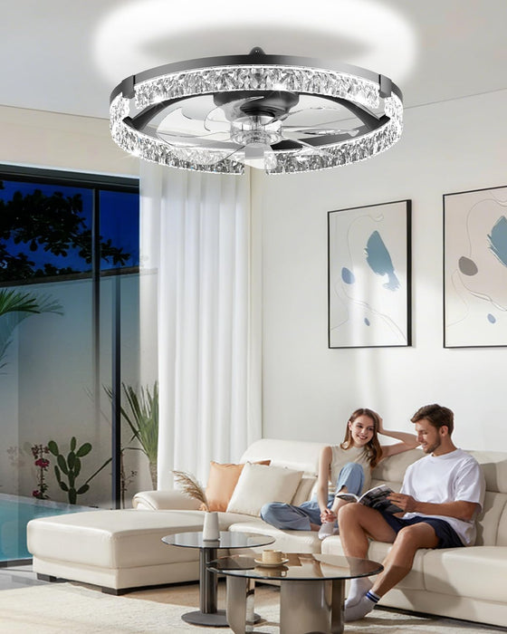 20" Low Profile Ceiling Fan with Light and Remote, Dimmable LED Flush Mount Ceiling Fan, 6 Speeds, White Modern Design for Bedroom/Living Room （Black-Crystal）