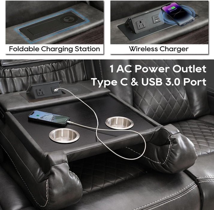 Power Reclining Sofa Couch with Wireless Charger, 3 Seaters with Recliner with Reading Light, Leather Electric 3 Seat Sofa Sectional Set for Living Room, Home Theater Seating with LED Lights, Grey