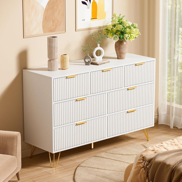White Dresser 47InchWide FlutedDrawersWithGoldPulls