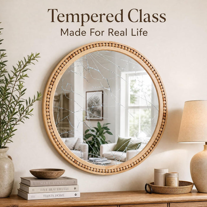 30 Inch round Wall Mirror with Beaded Solid Wood Frame, Decorative Wall Mirror with Tempered Glass, Farmhouse Home Decor for Bathroom, Living Room, Entryway, Natural Wood