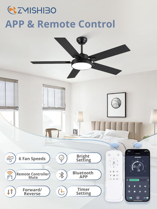 52 Inch Ceiling Fans with Lights, Smart Remote/App Control, Modern Ceiling Fan with 6 Speeds & 3CCT, Dimmable 30W LED, Quiet DC Motor, Noiseless for Living Room, Bedroom, Kitchen, Black