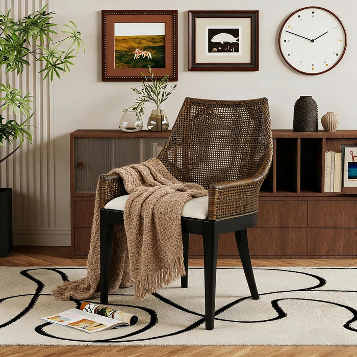 Natural Cane Mesh Rattan Accent Chair, Tropical Coastal Woven Back Armchair with Beige Fabric Cushion & Black Tapered Wood Legs, Ergonomic Comfort for Living Room Bedroom