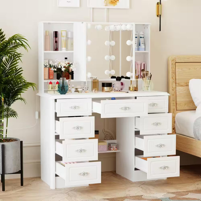 White Makeup Vanity Table Dressing Desk W/3-Mirrors,Lighted Mirror, Drawers, Hidden Storage Shelves Carved Metal Handles