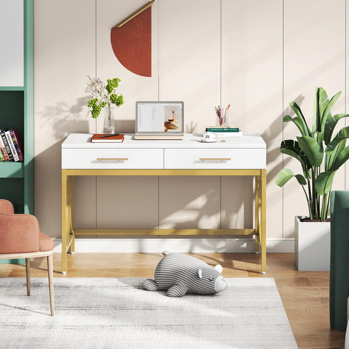 Modern Computer Desk with 2 Drawers Set of 2, 41 Inches Study Writing Office Desk for Home Office, Bedroom, Makeup Vanity Table Desk with Gold Metal Frame, White & Gold