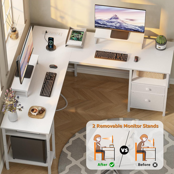 White FiftyNineInch L Shaped Desk With PowerOutlets