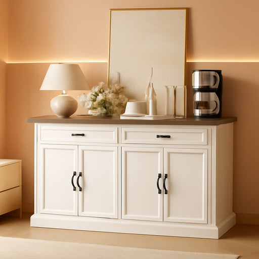 55" Sideboard Buffet Cabinet with 2 Storage Drawers & 4 Doors, Modern Kitchen Sideboards and Buffets with Adjustable Shelves, Wood Coffee Bar Cabinet for Living Room, Entryway, Off-White