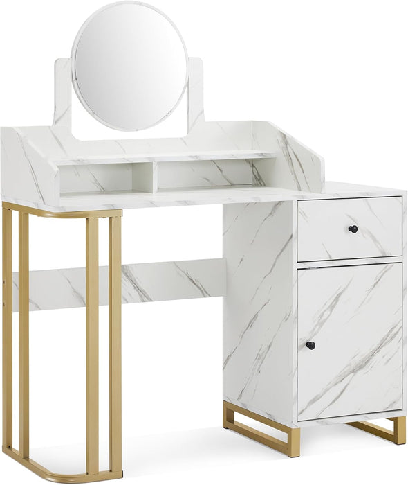Light Luxury Dressing Table with Storage Cabinet, Modern Vanity Desk with Drawer, Home Makeup Station for Bedroom, Metal Dresser with Adjustable Mirror 3388 (White)