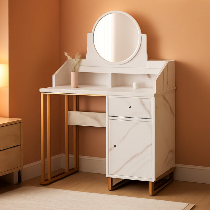 Light Luxury Dressing Table with Storage Cabinet, Modern Vanity Desk with Drawer, Home Makeup Station for Bedroom, Metal Dresser with Adjustable Mirror 3388 (White)
