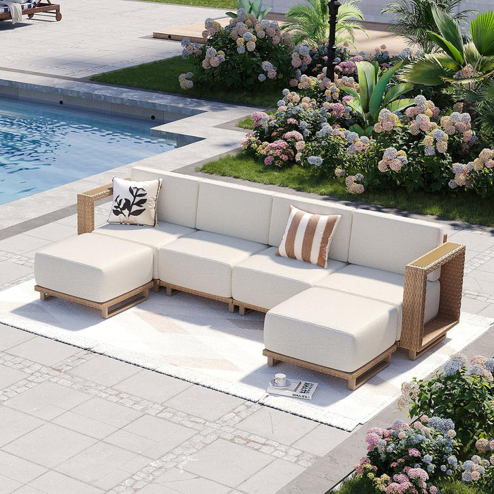 Patio Furniture Set, 6 Piece Outdoor Wicker Sofa, Yellow/Beige