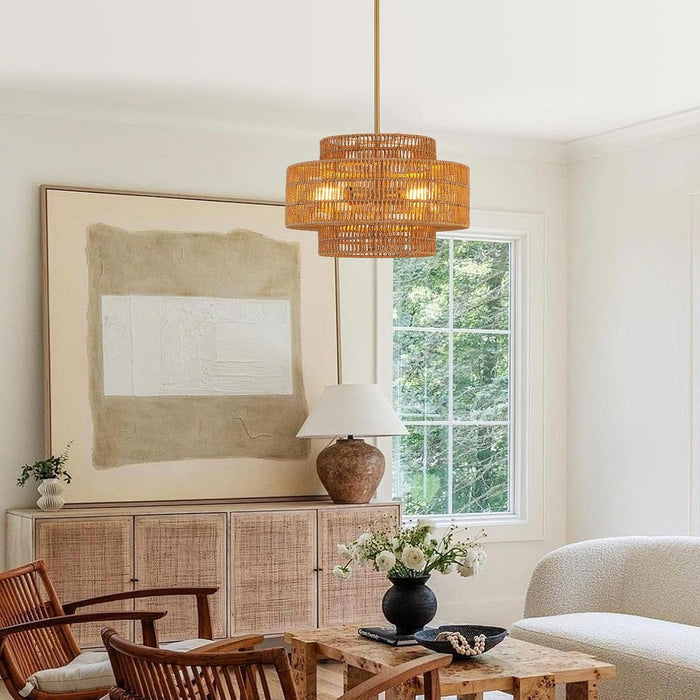Boho Rattan Chandelier Four Light Fixture Goldtone