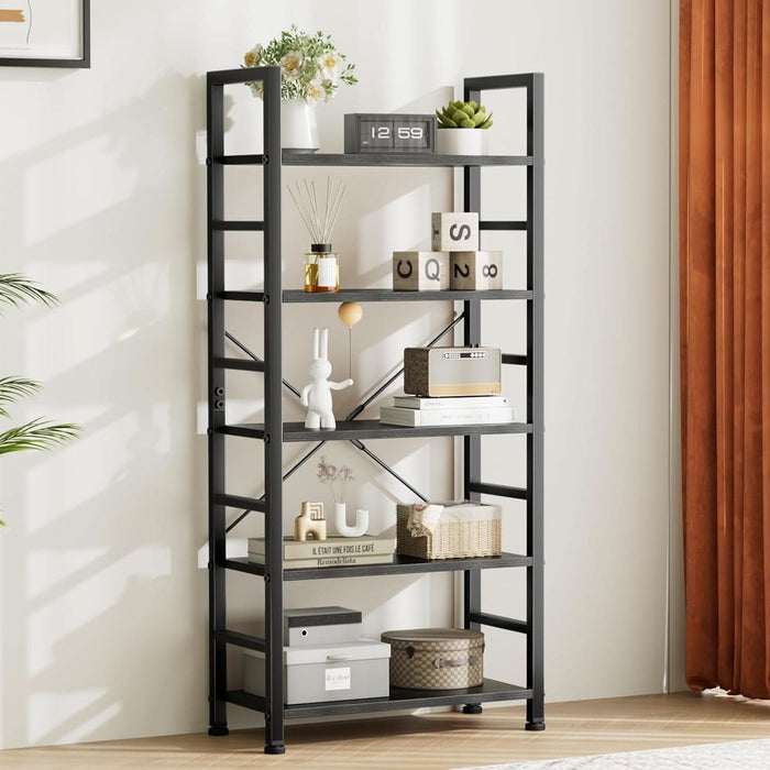 Book Shelf, 5 Tier Bookcase, Modern Tall Bookshelf for Garage Kit, Cds, Movies, Industrial Corner Storage Organizer for Bedroom Home Office Kitchen Living Room, Black