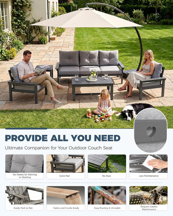 HDPE Outdoor Patio Furniture Set, Grey Frame & Grey Cushions