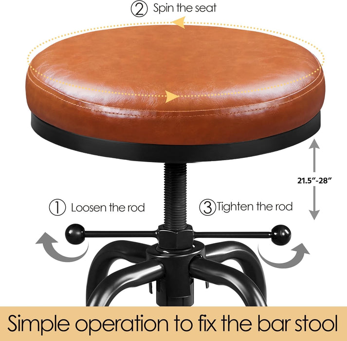 Industrial Bar Stools Vintage Counter Height Bar Stool with round Faux Leather Seat Metal Stool Adjustable Kitchen Stool 21.5-28 Inch Tall Light Brown, 1PCS