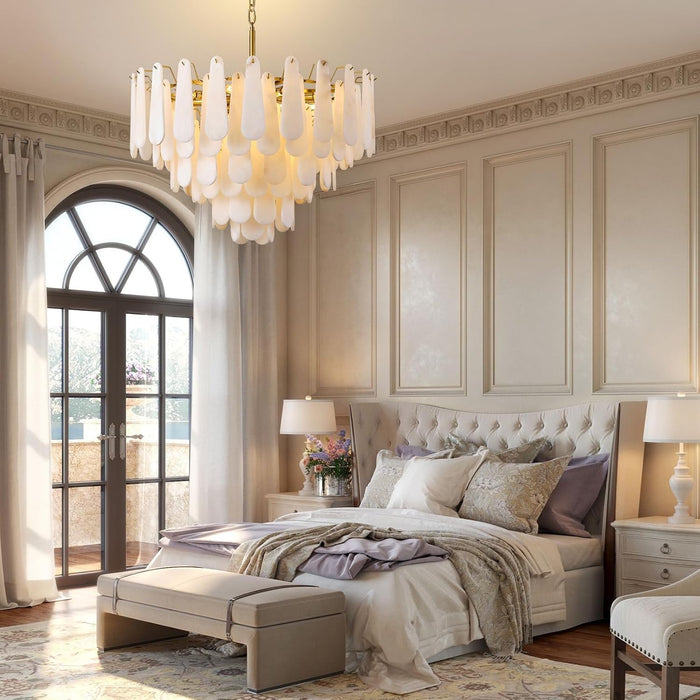 Alabaster Chandelier, D31.5 in Modern Feathery round Chandelier, 6-Tiers Luxury Large White Marble Brass Chandeliers for Dining Room Bedroom Foyer Living Room Entryway