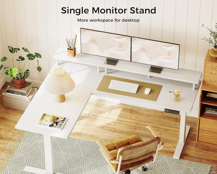 Electric L-Shaped Standing Desk, 59 Inch Height Adjustable Office Desk with Monitor Stand, Sit-Stand Desk with Power Outlets, Large Lift Table for Home, Office, Workstation, White