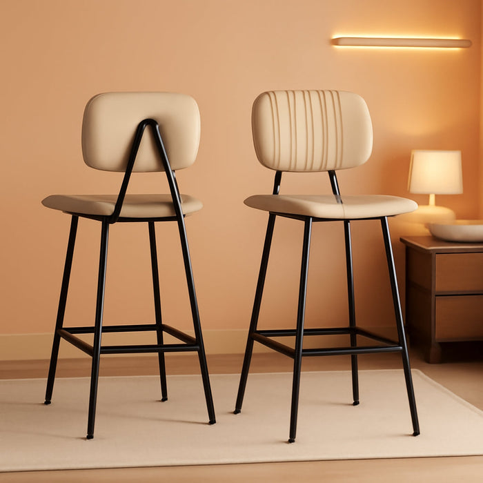 24-Inch Leather Bar Stools Set of 2 with High Backrest, Beige