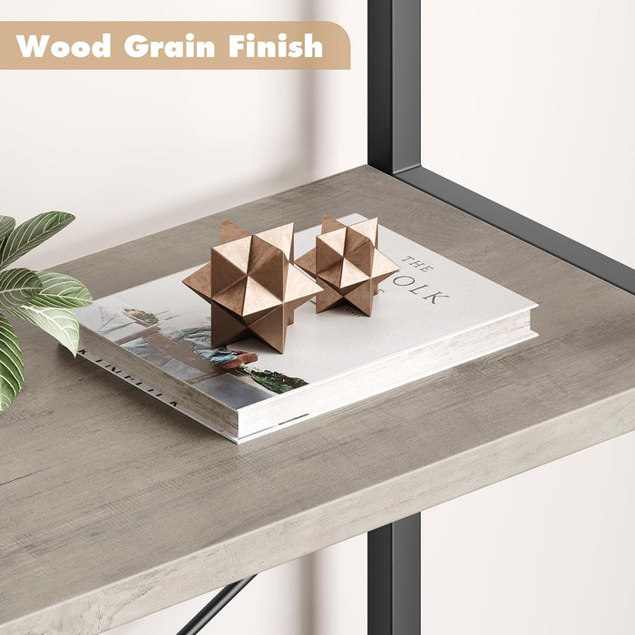 Arched Bookshelf, 5-Tier Industrial Tall Bookcase with X-Back Support and Adjustable Feet, Modern Open Display Storage Shelf with Gray Wood Shelves for Home Office, Study | X-Back Support, Adjustable Feet, MDF Material, Arched Top Design, Modern Home Office Decor, 30Lb Shelf Load