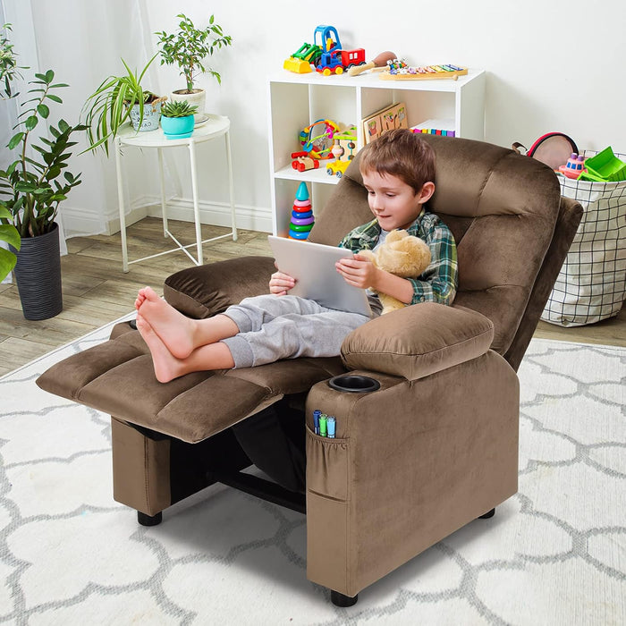 Kids Recliner Chair with Cup Holder, Adjustable Velvet Lounge Chair W/Footrest & Side Pockets for Children Boys Girls Room, Ergonomic Toddler Furniture Sofa, Kids Recliner (Brown)