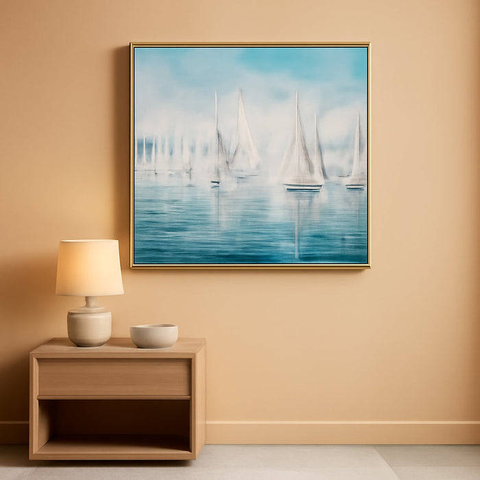 Sailing Ship Canvas Wall Art - Coastal Painting Boat Pictures Abstract Beach Ocean Artwork with Floating Framed Hand Painted Textured for Living Room Bedroom Bathroom Decor