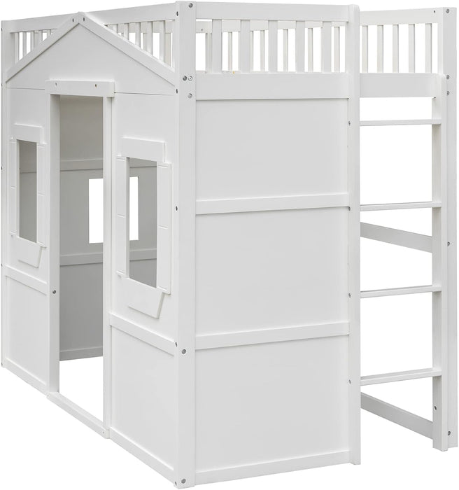 Twin Size House Loft Bed, Wooden Bed Frame with Ladder, Kids Playhouse Bed with Window for Girls Boys, White