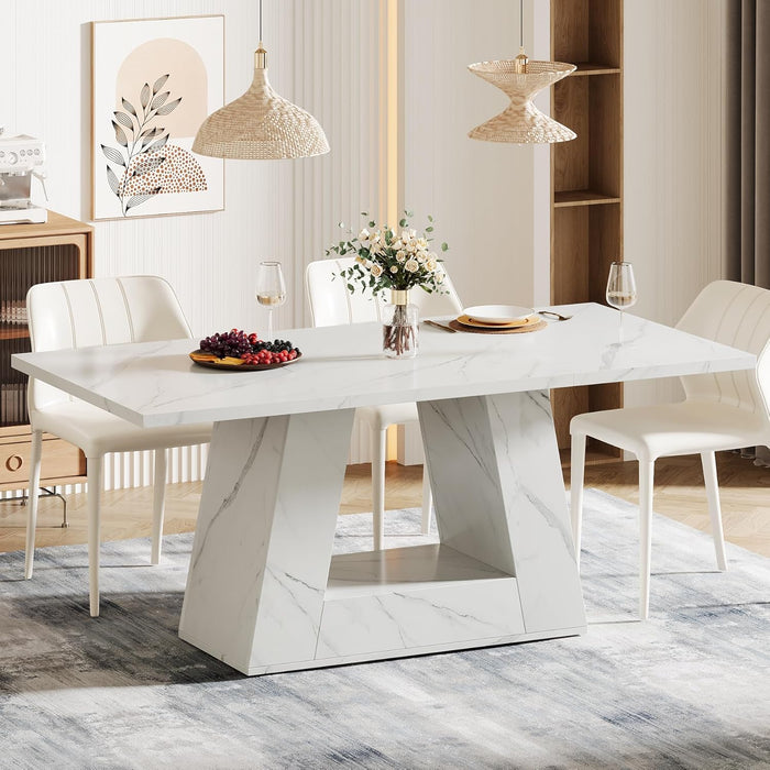 Dining Table for 4 to 6 People, 63" Rectangular Dining Room Table, Modern Wooden Faux Marble Dinner Table with Sturdy Base for Kitchen, Living Room