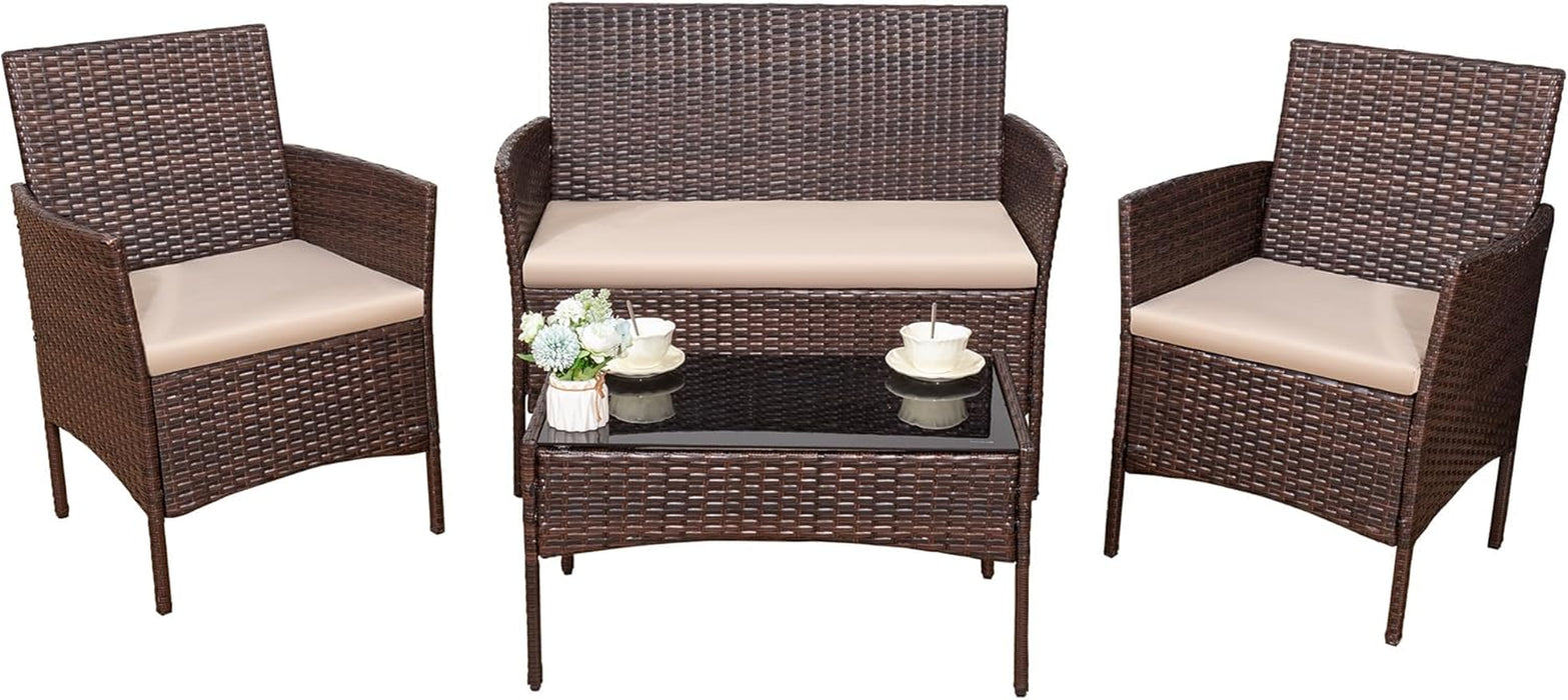 4 Pieces Outdoor Patio Furniture Set, PE Rattan Wicker Chairs Balcony Lawn Porch Patio Furniture Sets with Beige Cushion and Table (Brown)