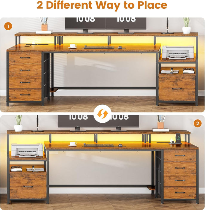 Home Office Desk with File Drawer & Power Outlet, 75'' Large Computer Desk with 5 Drawer, Storage Shelves, Monitor Shelf and Led Lights, 23.6" W Desktop Gaming Desk, Rustic Brown