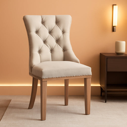 Linen Upholstered Dining Chairs Set of 4, Modern Style Kitchen Side Chairs with Nailhead Trim and Wood Leg, Metal Pulling Ring for Dining Room Living Room(Beige,Set of 4)