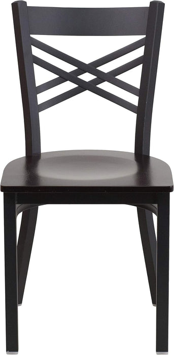 2 Pack HERCULES Series Black ''X'' Back Metal Restaurant Chair - Walnut Wood Seat