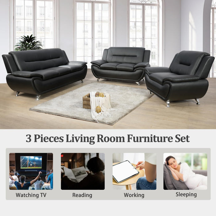 Living Room Furniture Set, Faux Leather Sofa Couch Set, 3 Pieces Modern Sofa Set for Living Room/Apartment/Office (Black)