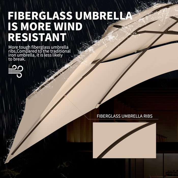 9FT 3-Tier Large Outdoor Patio Umbrella Market Table Umbrella-Uv Resistant,Easy Push Button Tilt and Crank,8 Sturdy Fiberglass Ribs Heavy-Duty Pool Umbrella for Deck,Backyard,Garden,Yard,Beige