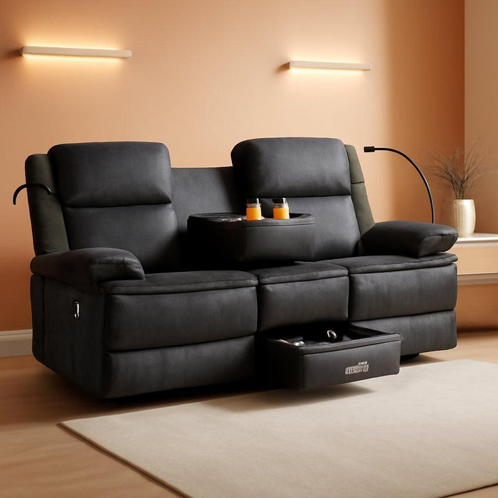 3 Seater Recliner Sofa, FSC Certified Manual Reclining Couch with Flip-Up Middle Backrest & Drawers, Modern Recliner Sofa with USB Ports & Cup Holders for RV, Living Room